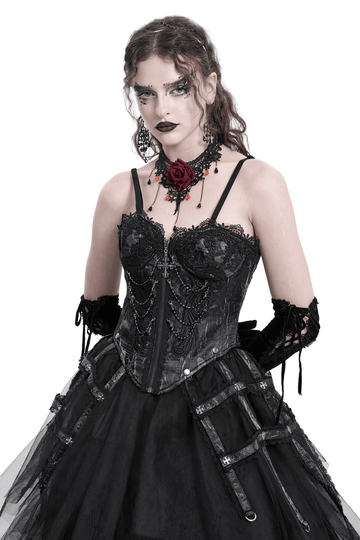 Dark Lace Gothic Corset with Chains and Garter Detailing